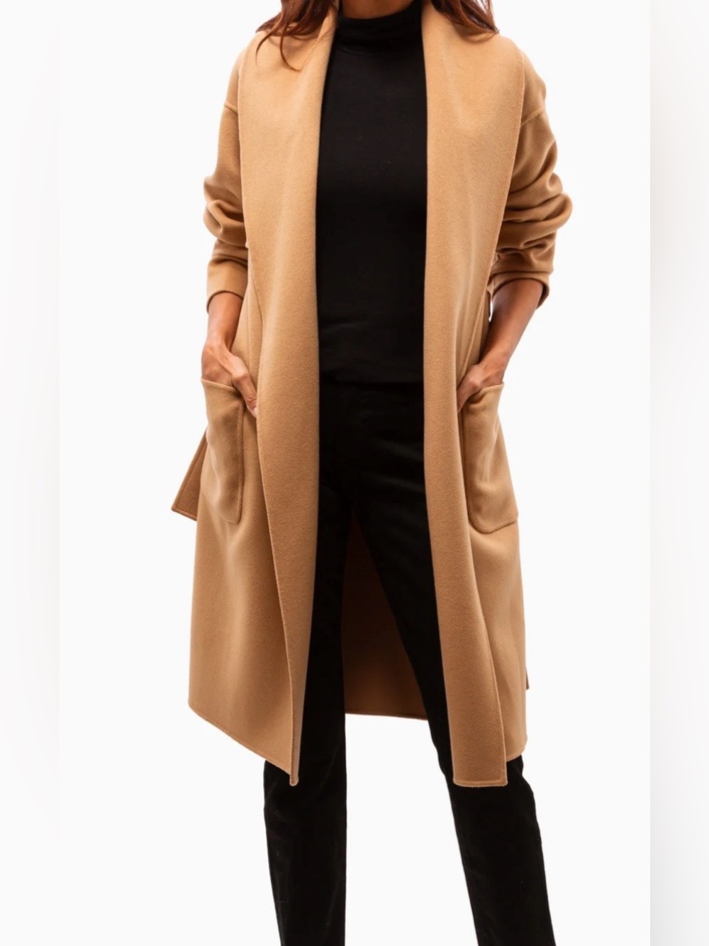 Mackage Thalia Camel Wool And Leather Robe Coat XL Quiet Luxury